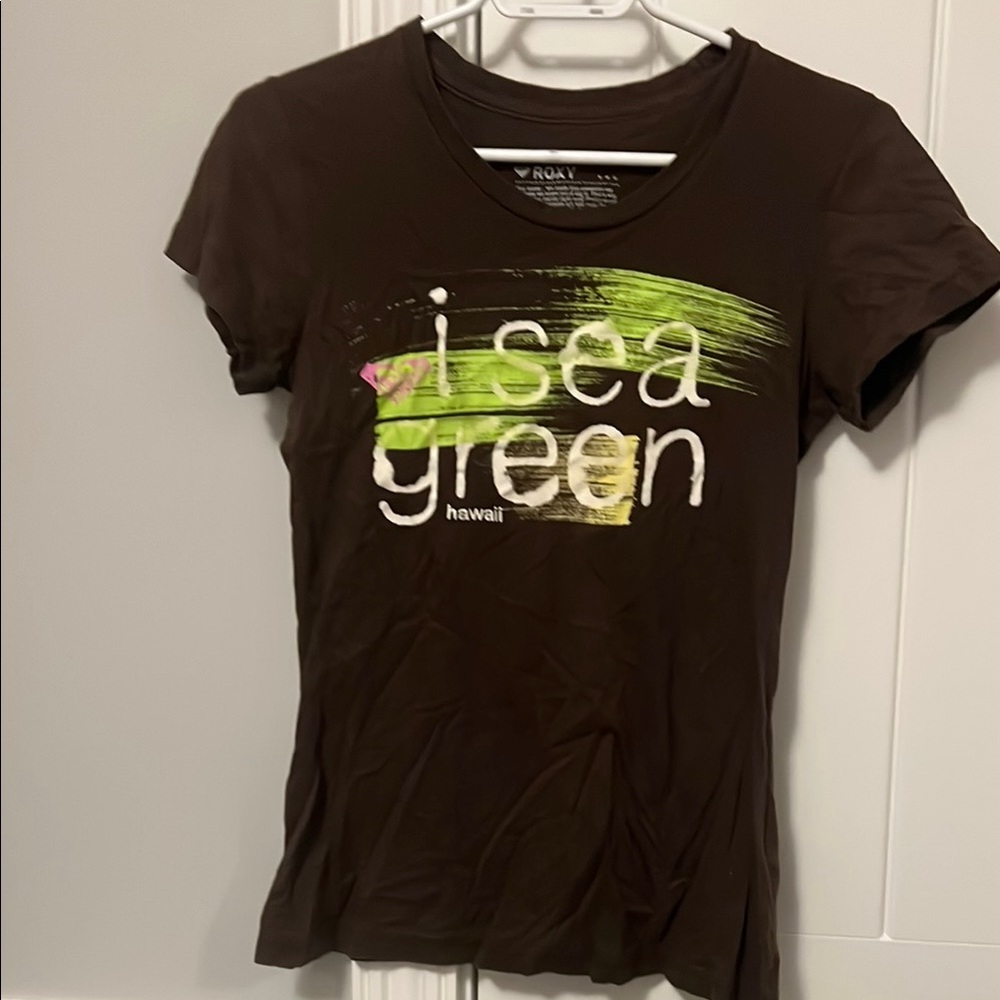 ROXY HAWAII Brown Graphic Tee with Green and White Print